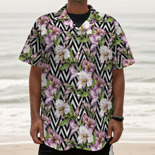 Purple Alstroemeria Zigzag Pattern Print Textured Short Sleeve Shirt