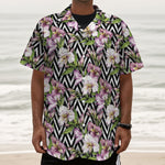 Purple Alstroemeria Zigzag Pattern Print Textured Short Sleeve Shirt