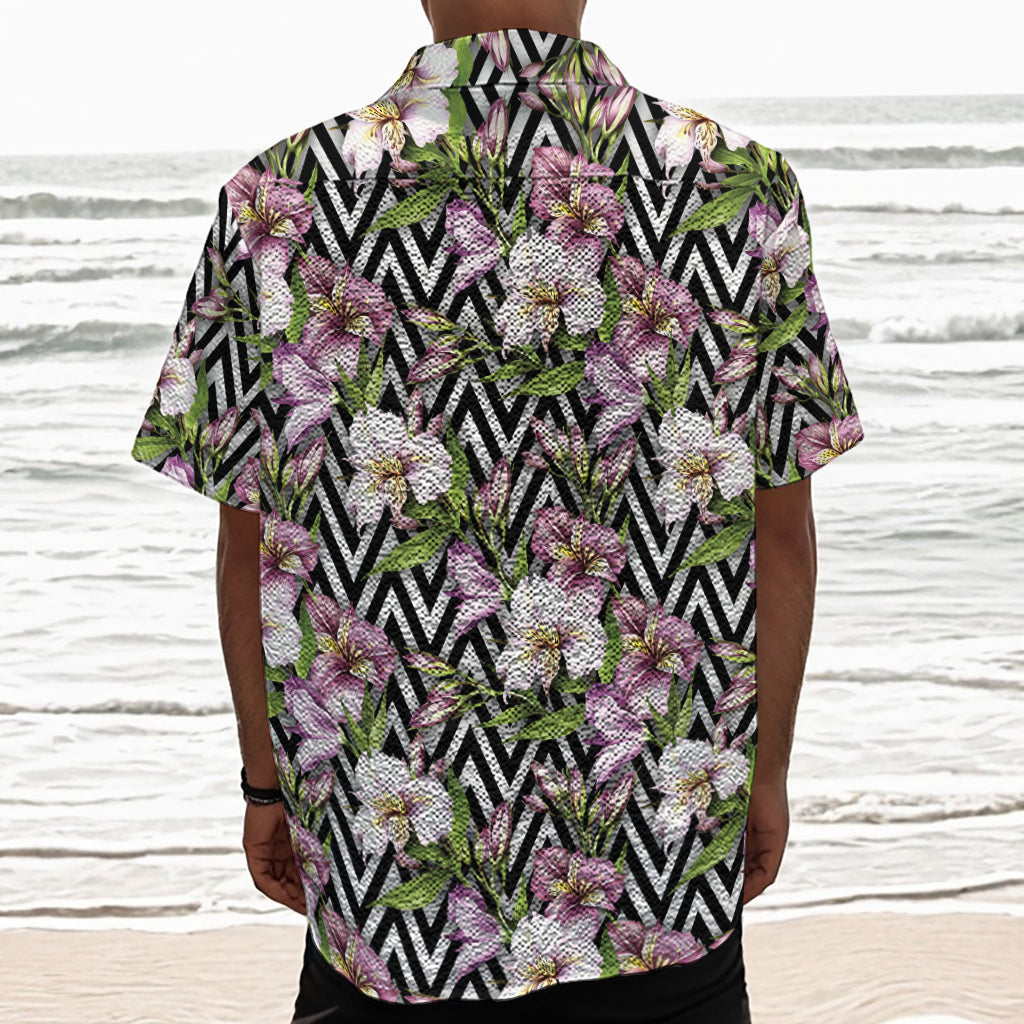 Purple Alstroemeria Zigzag Pattern Print Textured Short Sleeve Shirt