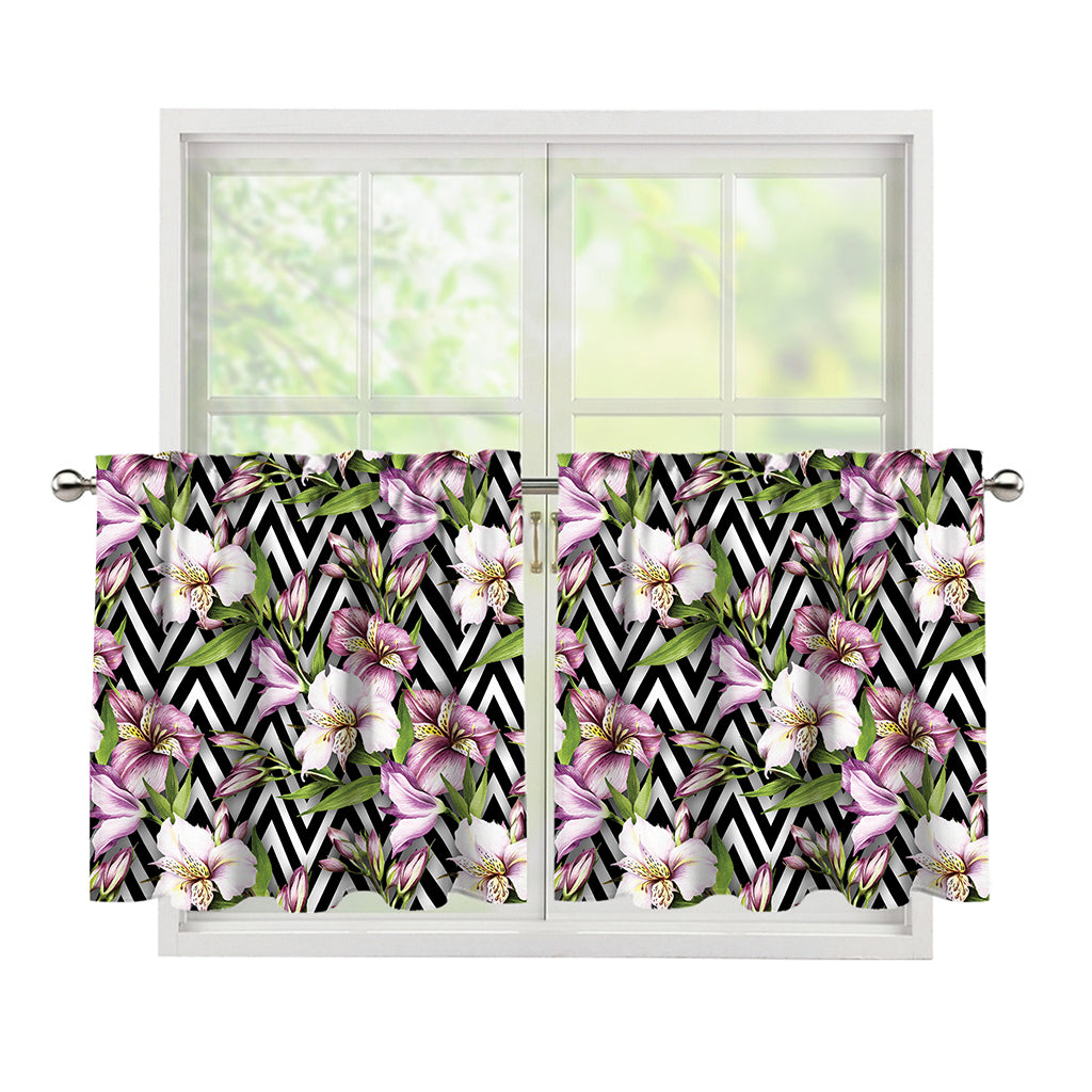 Purple Alstroemeria Zigzag Pattern Print Tier Curtains
