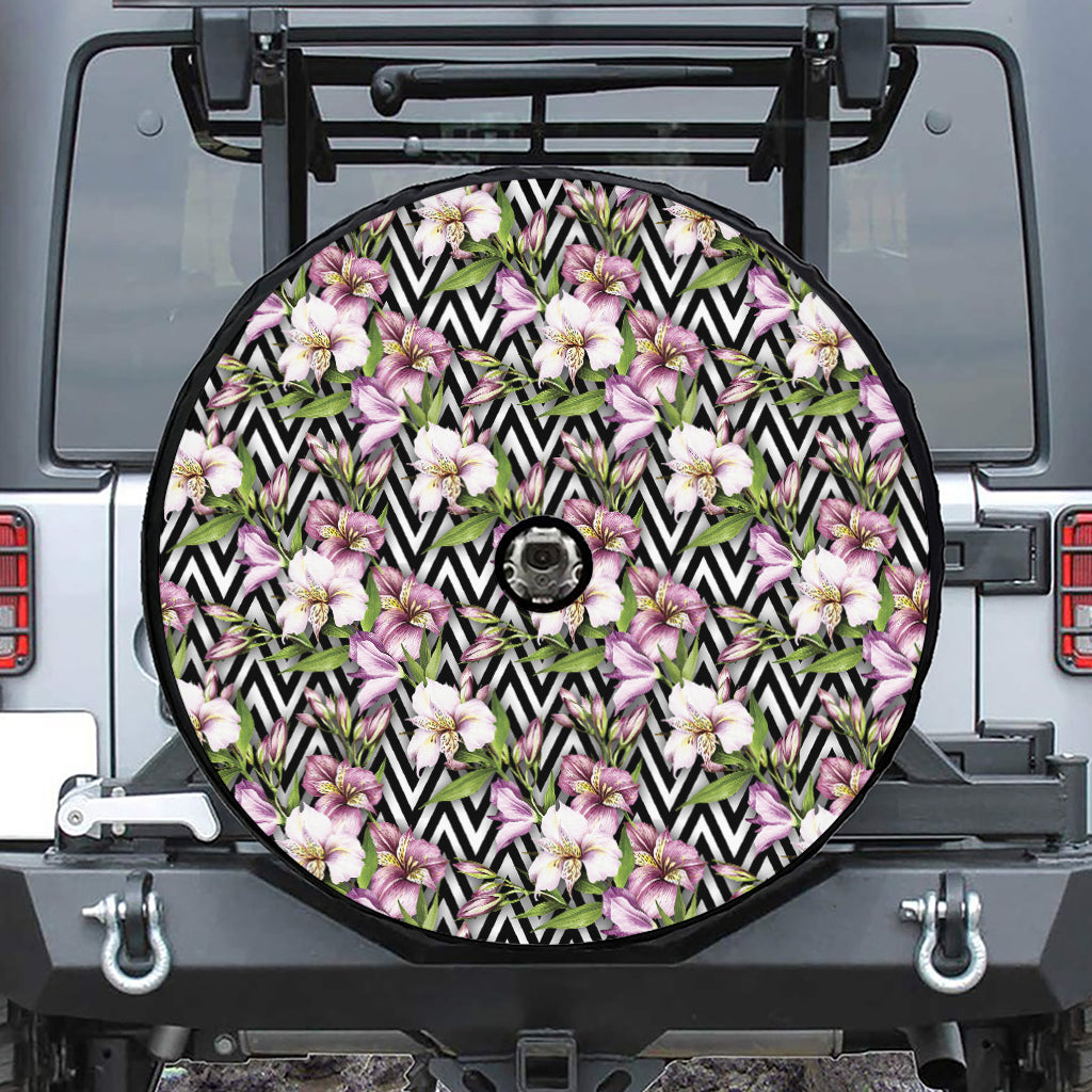 Purple Alstroemeria Zigzag Pattern Print Tire Cover With Camera Hole