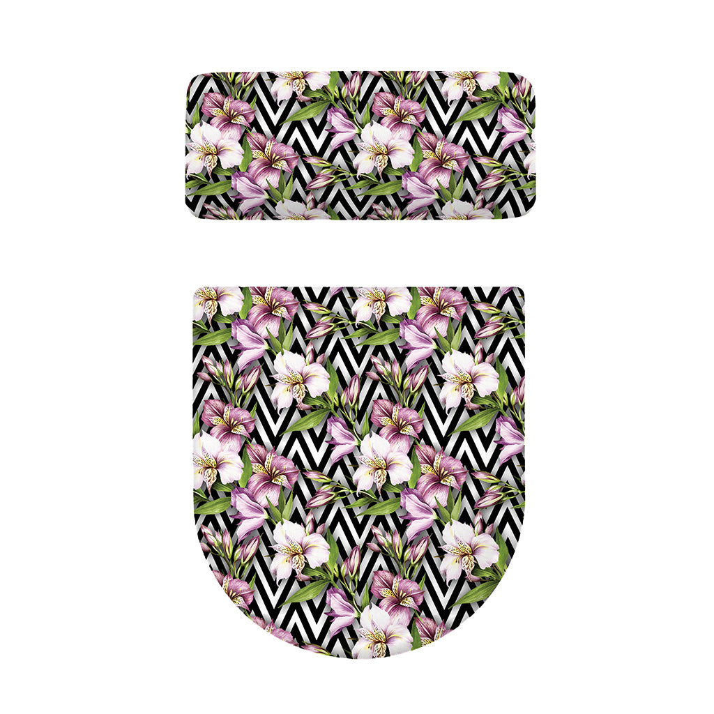 Purple Alstroemeria Zigzag Pattern Print Toilet Lid And Tank Cover Set