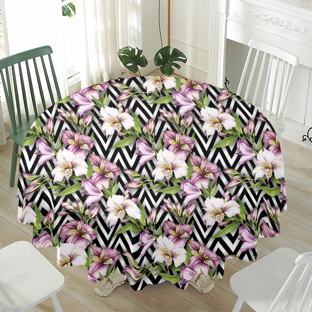 Purple Alstroemeria Zigzag Pattern Print Waterproof Round Tablecloth