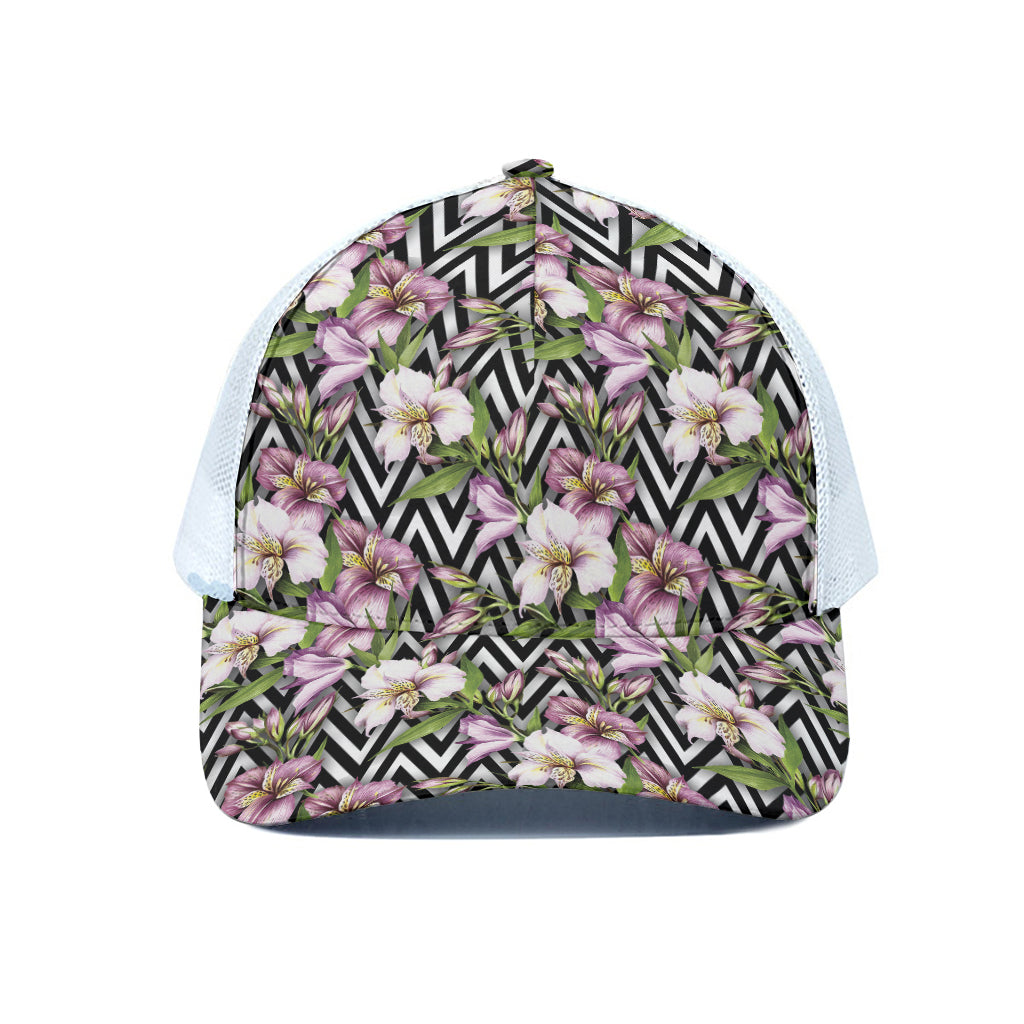 Purple Alstroemeria Zigzag Pattern Print White Mesh Trucker Cap