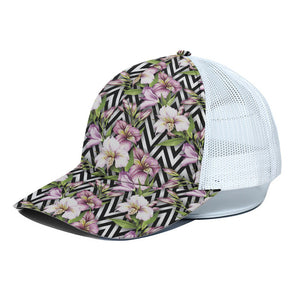 Purple Alstroemeria Zigzag Pattern Print White Mesh Trucker Cap