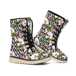 Purple Alstroemeria Zigzag Pattern Print Winter Boots