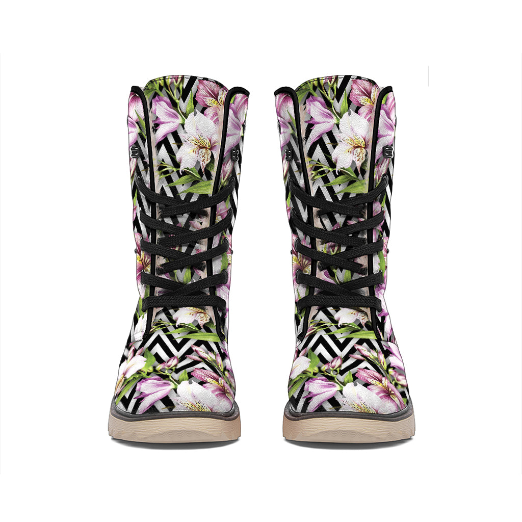 Purple Alstroemeria Zigzag Pattern Print Winter Boots
