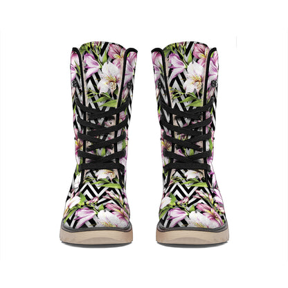 Purple Alstroemeria Zigzag Pattern Print Winter Boots