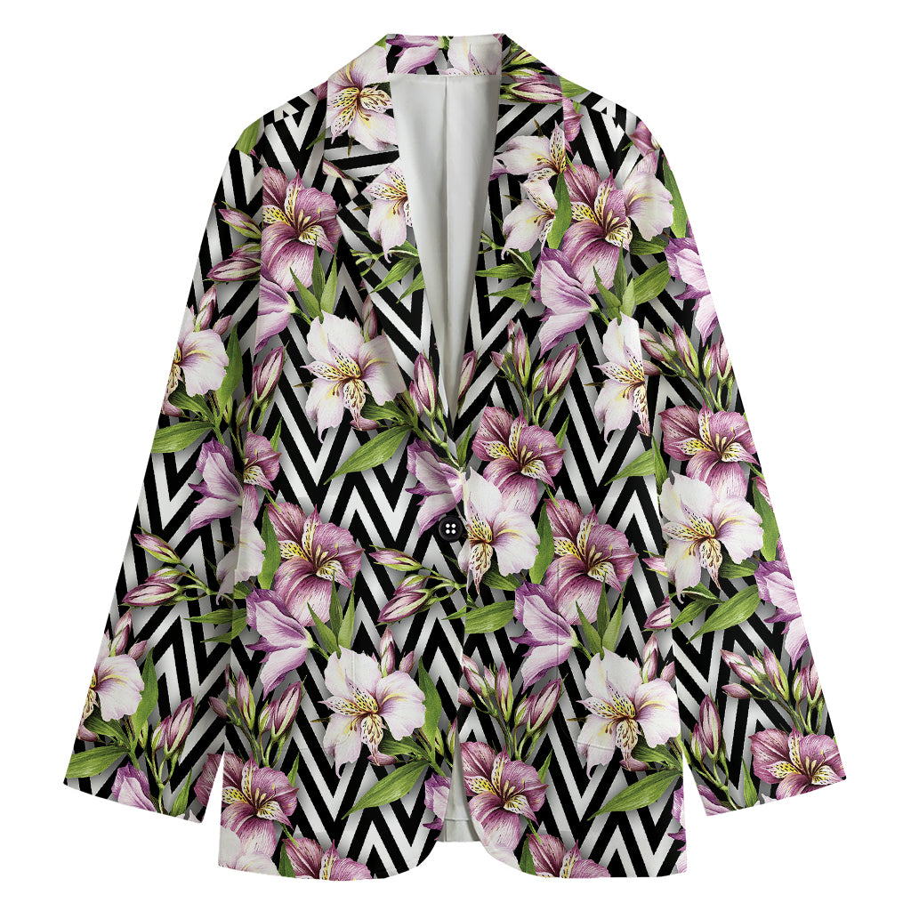 Purple Alstroemeria Zigzag Pattern Print Women's Blazer