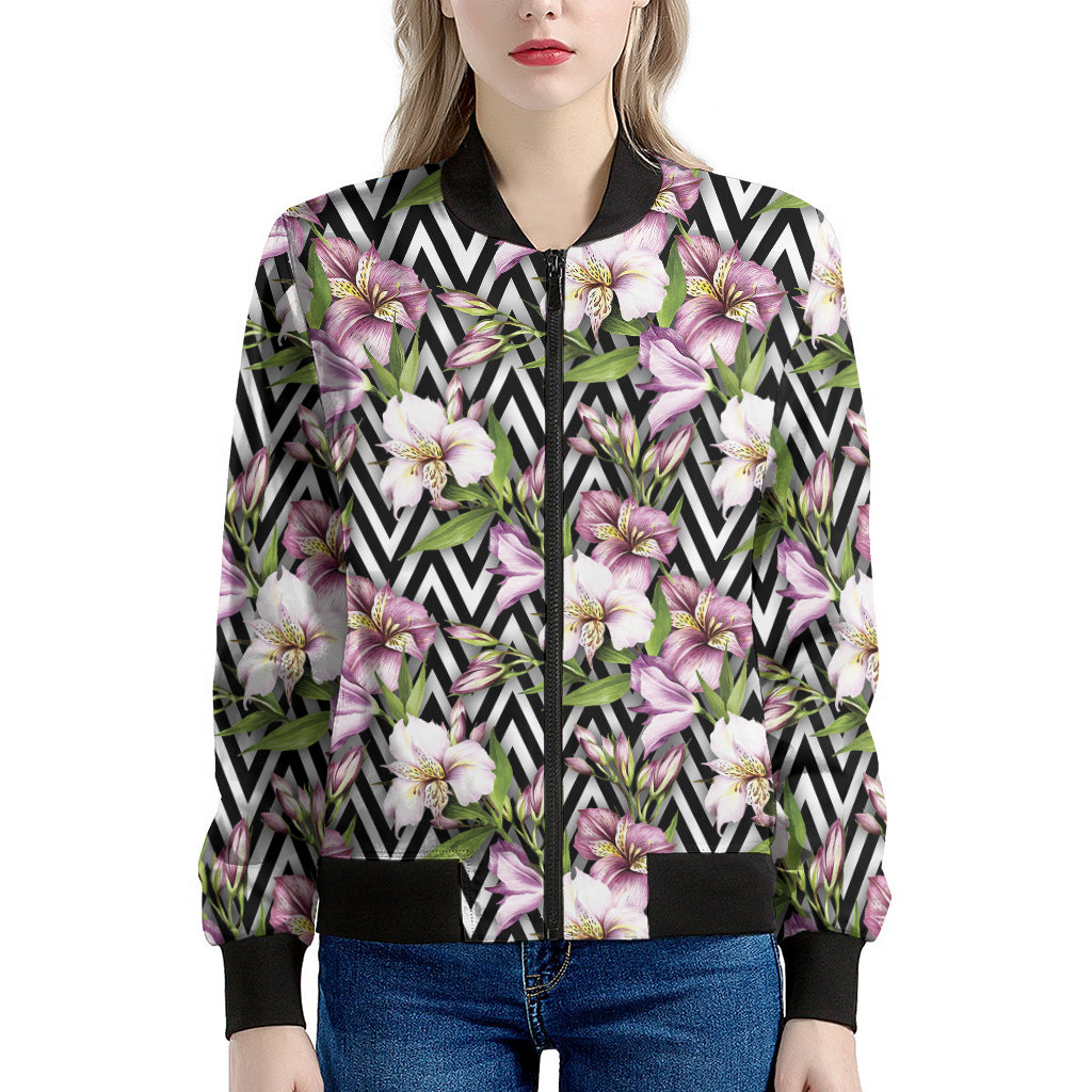 Purple Alstroemeria Zigzag Pattern Print Women's Bomber Jacket