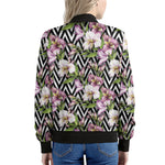 Purple Alstroemeria Zigzag Pattern Print Women's Bomber Jacket