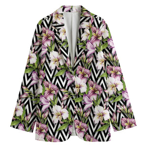 Purple Alstroemeria Zigzag Pattern Print Women's Cotton Blazer