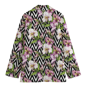 Purple Alstroemeria Zigzag Pattern Print Women's Cotton Blazer