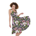 Purple Alstroemeria Zigzag Pattern Print Sleeveless Knee Length Dress