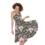 Purple Alstroemeria Zigzag Pattern Print Women's Sleeveless Dress