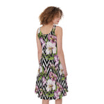 Purple Alstroemeria Zigzag Pattern Print Women's Sleeveless Dress