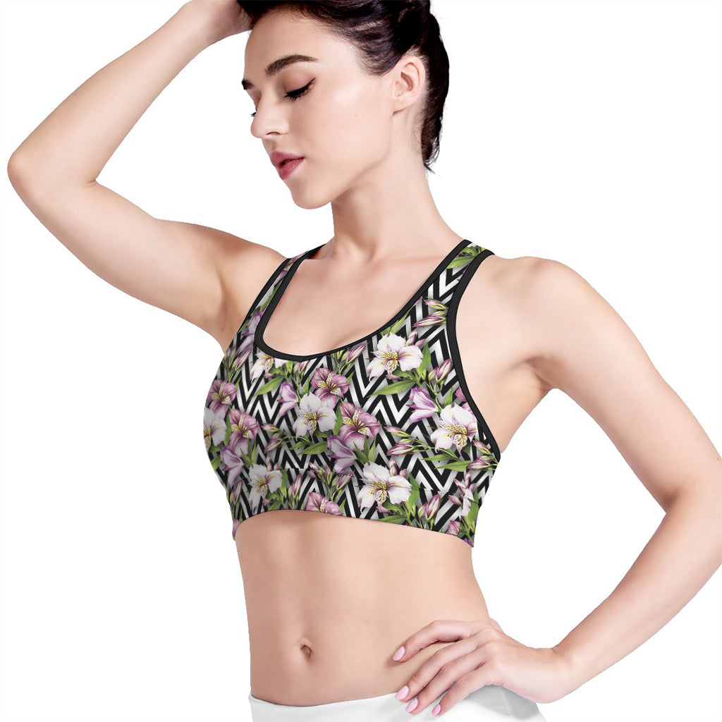 Purple Alstroemeria Zigzag Pattern Print Women's Sports Bra