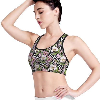 Purple Alstroemeria Zigzag Pattern Print Women's Sports Bra
