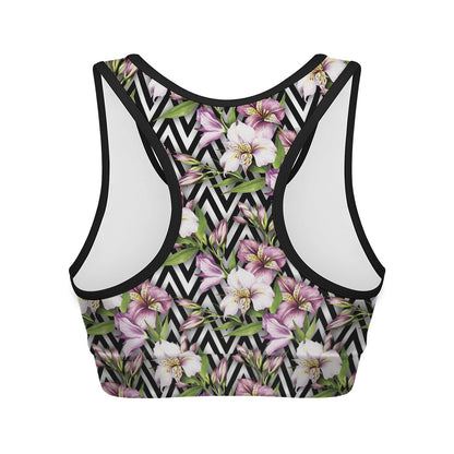 Purple Alstroemeria Zigzag Pattern Print Women's Sports Bra