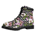 Purple Alstroemeria Zigzag Pattern Print Padded Collar Lace Up Boots