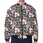 Purple Alstroemeria Zigzag Pattern Print Zip Sleeve Bomber Jacket