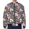 Purple Alstroemeria Zigzag Pattern Print Zip Sleeve Bomber Jacket