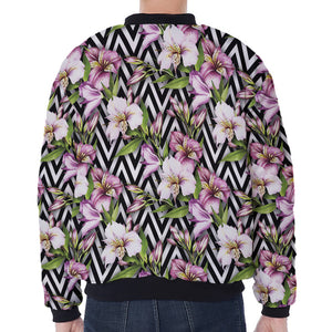 Purple Alstroemeria Zigzag Pattern Print Zip Sleeve Bomber Jacket