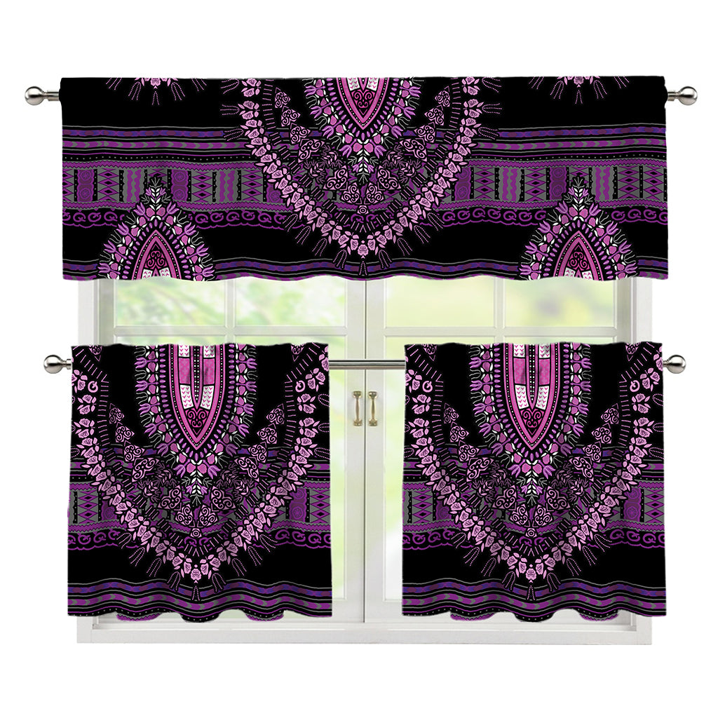Purple And Black African Dashiki Print 3 Piece Kitchen Curtains