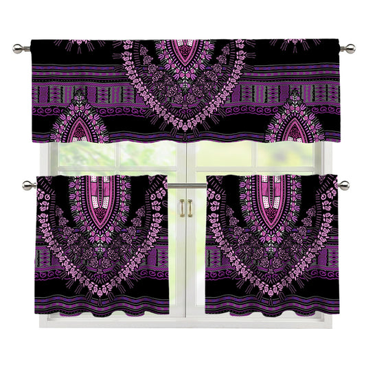 Purple And Black African Dashiki Print 3 Piece Kitchen Curtains