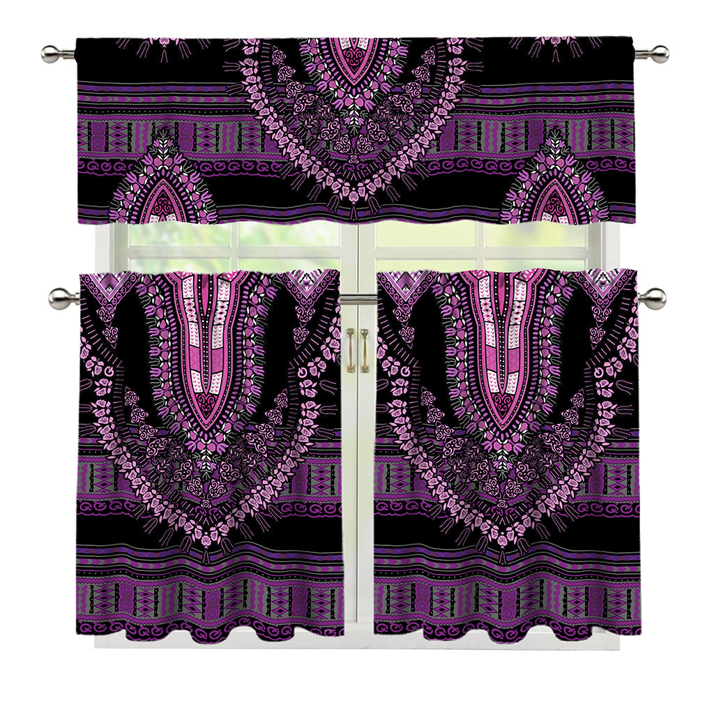 Purple And Black African Dashiki Print 3 Piece Kitchen Curtains