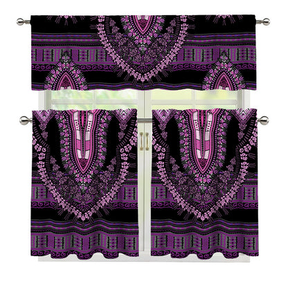 Purple And Black African Dashiki Print 3 Piece Kitchen Curtains