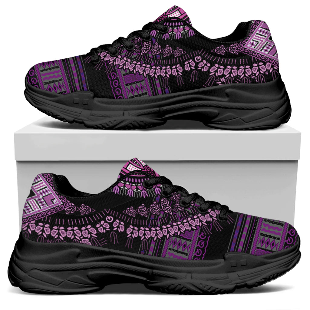 Purple And Black African Dashiki Print Black Chunky Shoes