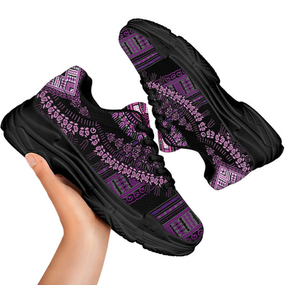 Purple And Black African Dashiki Print Black Chunky Shoes
