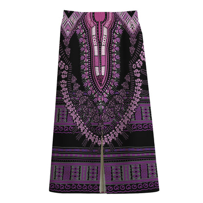 Purple And Black African Dashiki Print Cotton Front Slit Maxi Skirt