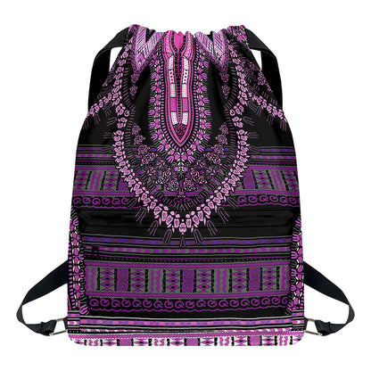 Purple And Black African Dashiki Print Drawstring Backpack