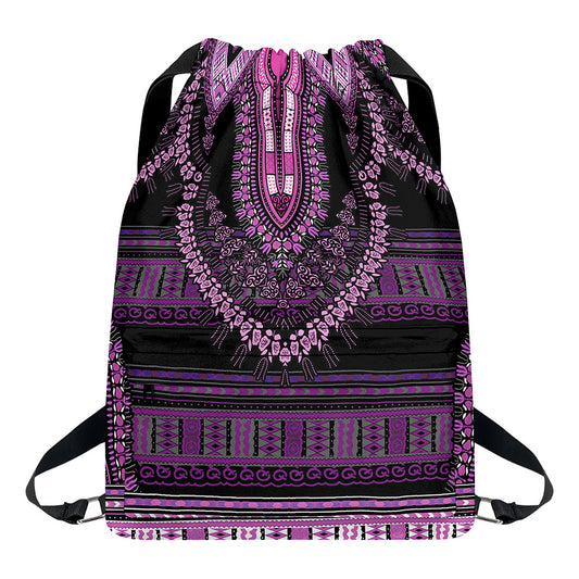 Purple And Black African Dashiki Print Drawstring Backpack