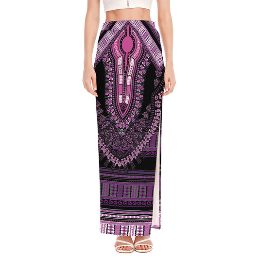 Purple And Black African Dashiki Print High Slit Maxi Skirt