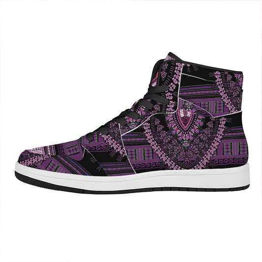Purple And Black African Dashiki Print High Top Leather Sneakers