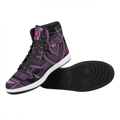 Purple And Black African Dashiki Print High Top Leather Sneakers