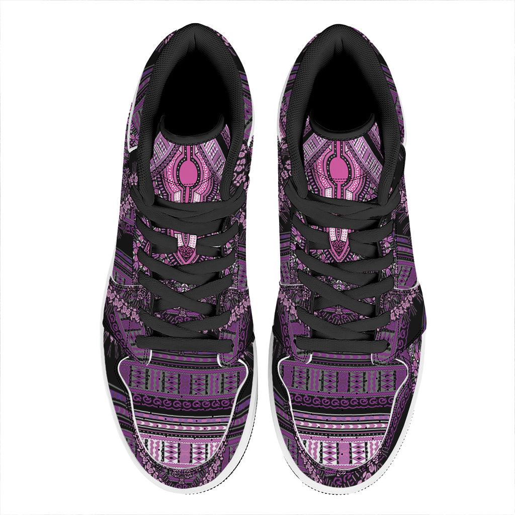 Purple And Black African Dashiki Print High Top Leather Sneakers