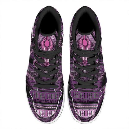 Purple And Black African Dashiki Print High Top Leather Sneakers
