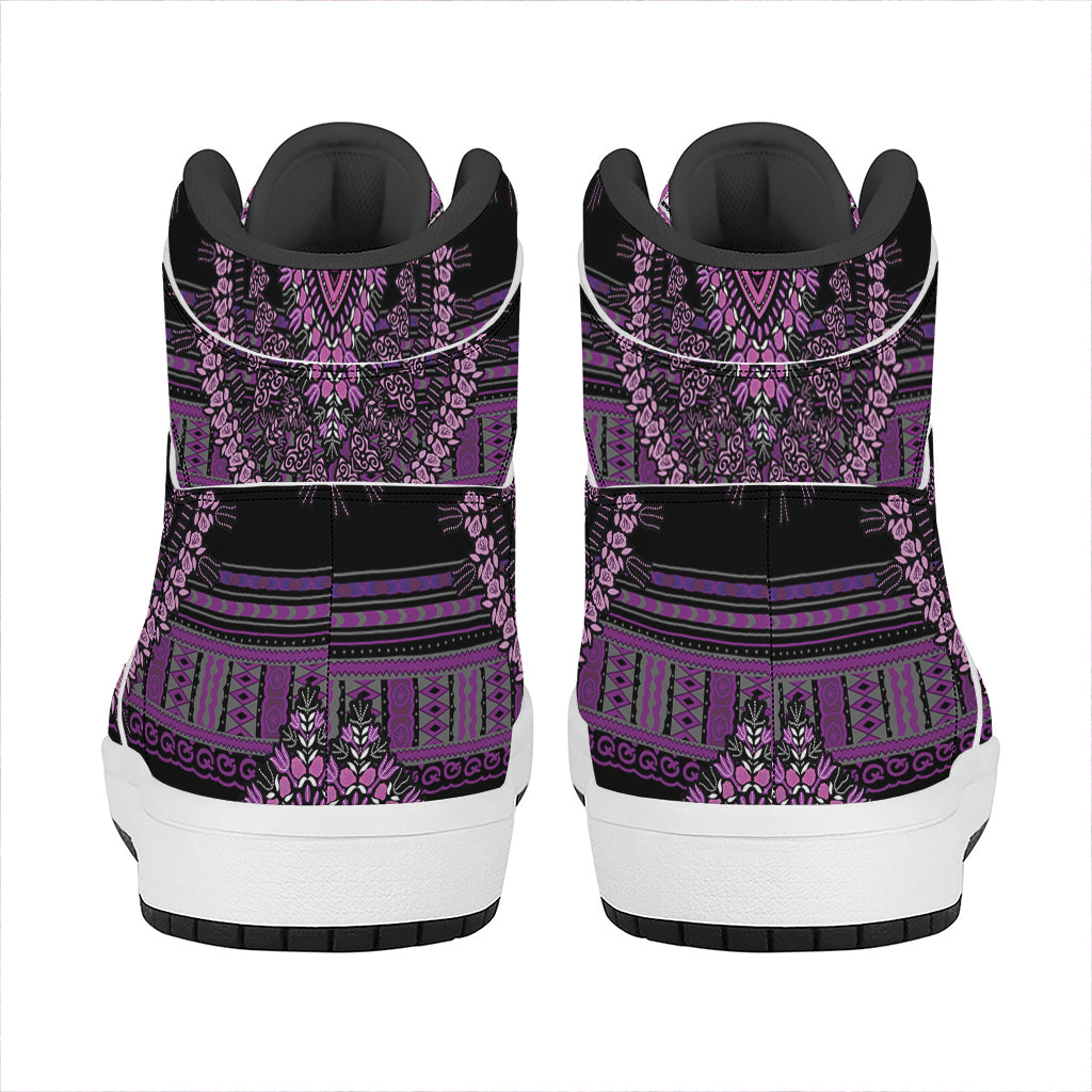 Purple And Black African Dashiki Print High Top Leather Sneakers
