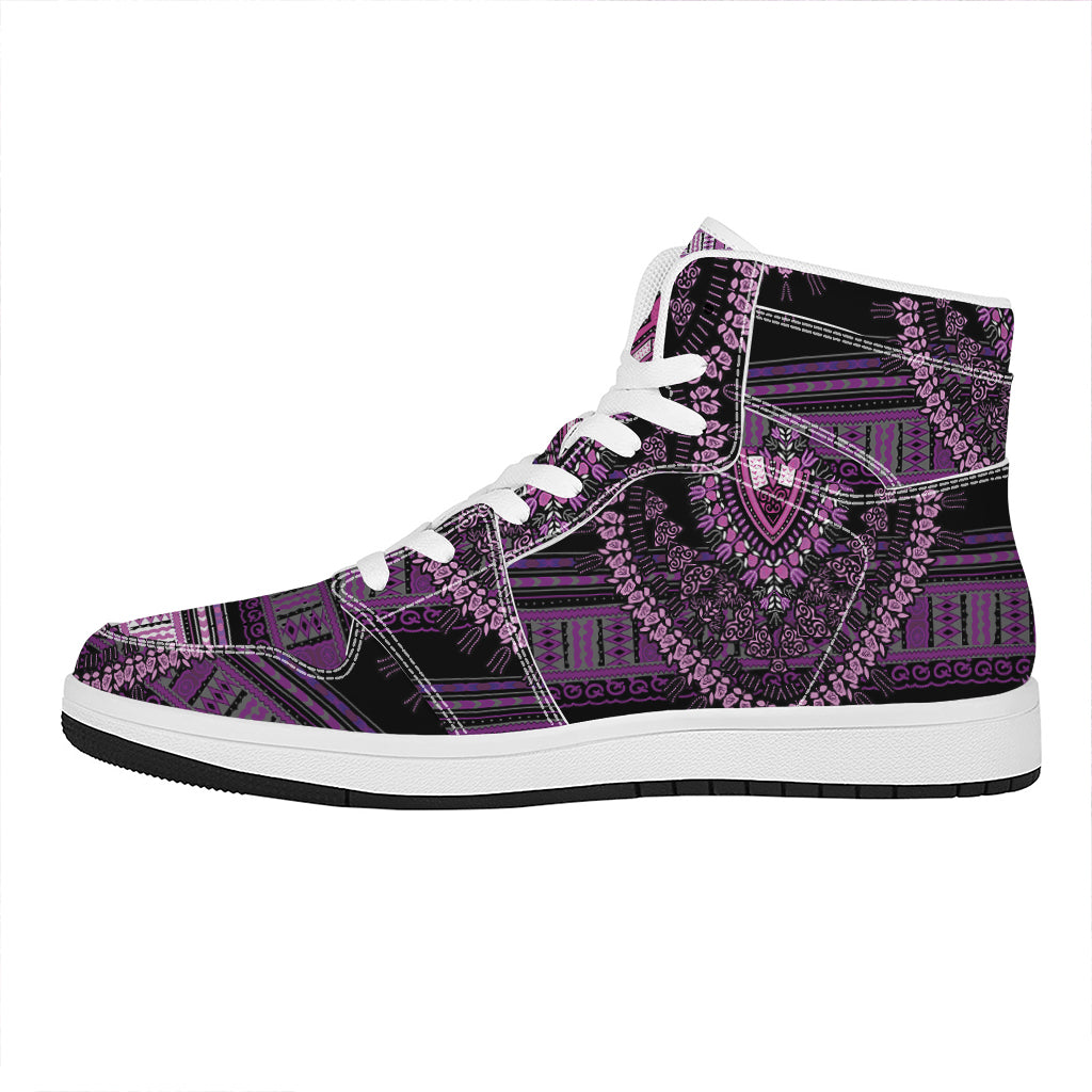 Purple And Black African Dashiki Print High Top Leather Sneakers