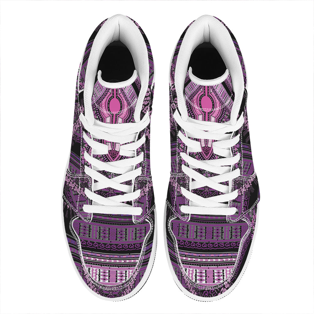 Purple And Black African Dashiki Print High Top Leather Sneakers