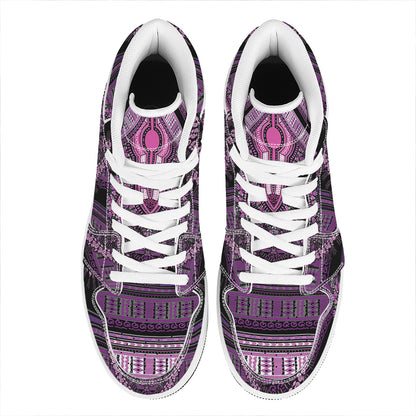 Purple And Black African Dashiki Print High Top Leather Sneakers