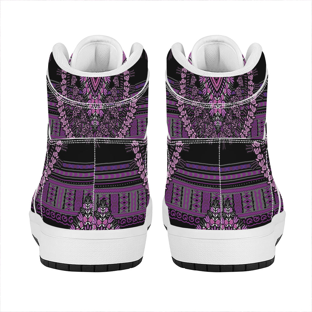 Purple And Black African Dashiki Print High Top Leather Sneakers