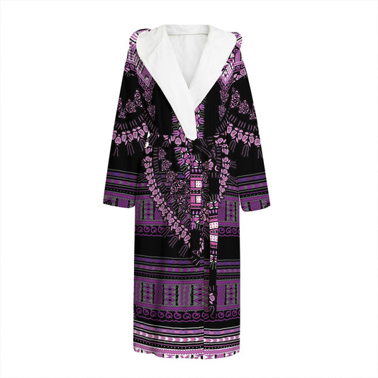 Purple And Black African Dashiki Print Hooded Bathrobe