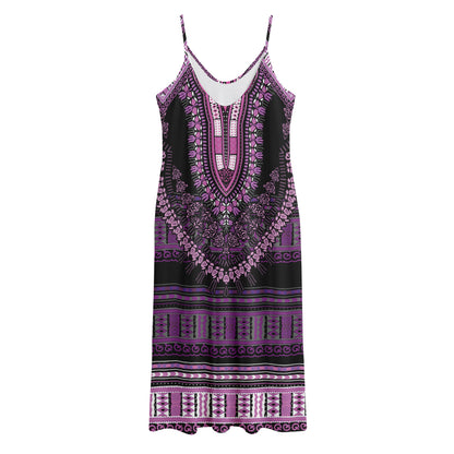 Purple And Black African Dashiki Print Jersey Midi Cami Dress