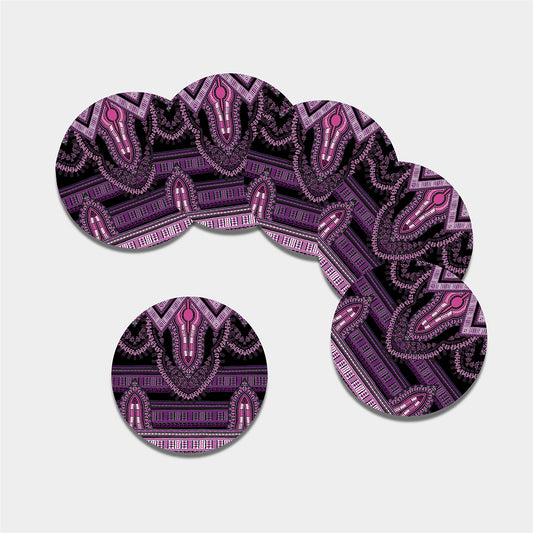 Purple And Black African Dashiki Print Leather Coaster Set
