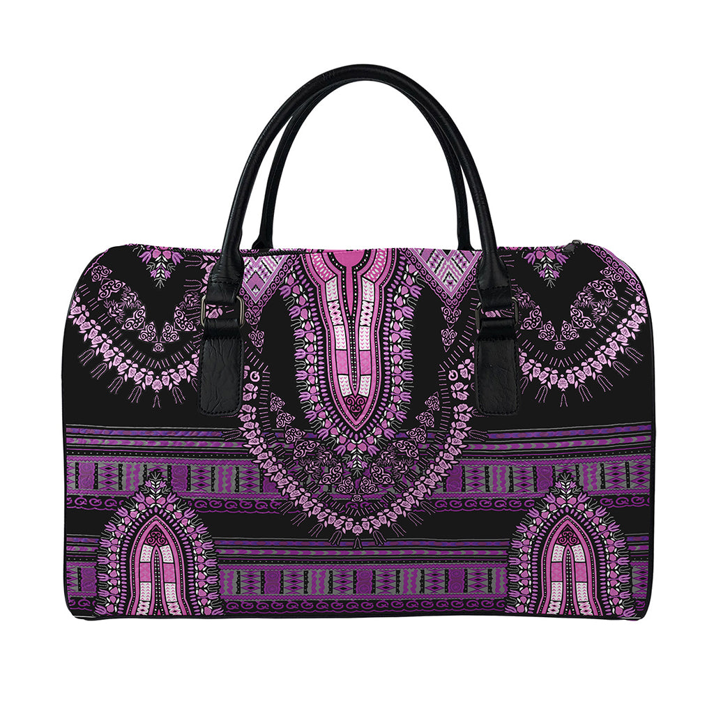 Purple And Black African Dashiki Print Leather Duffle Bag
